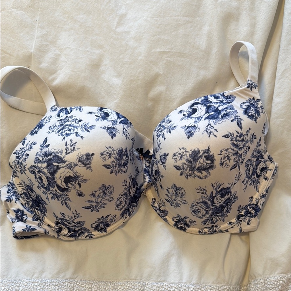 Cream and Blue Floral Pattern Bra with Molded Cups